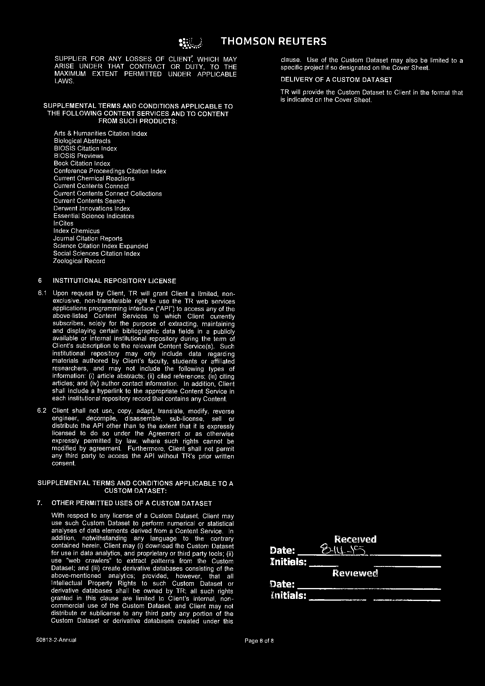 :% U THOMSON REUTERS SUPPLIER FOR ANY LOSSES OF CLIENT; WHICH MAY ARISE UNDER THAT CONTRACT OR DUTY, TO THE MAXIMUM EXTENT PERMITTED UNDER APPLICABLE LAWS.