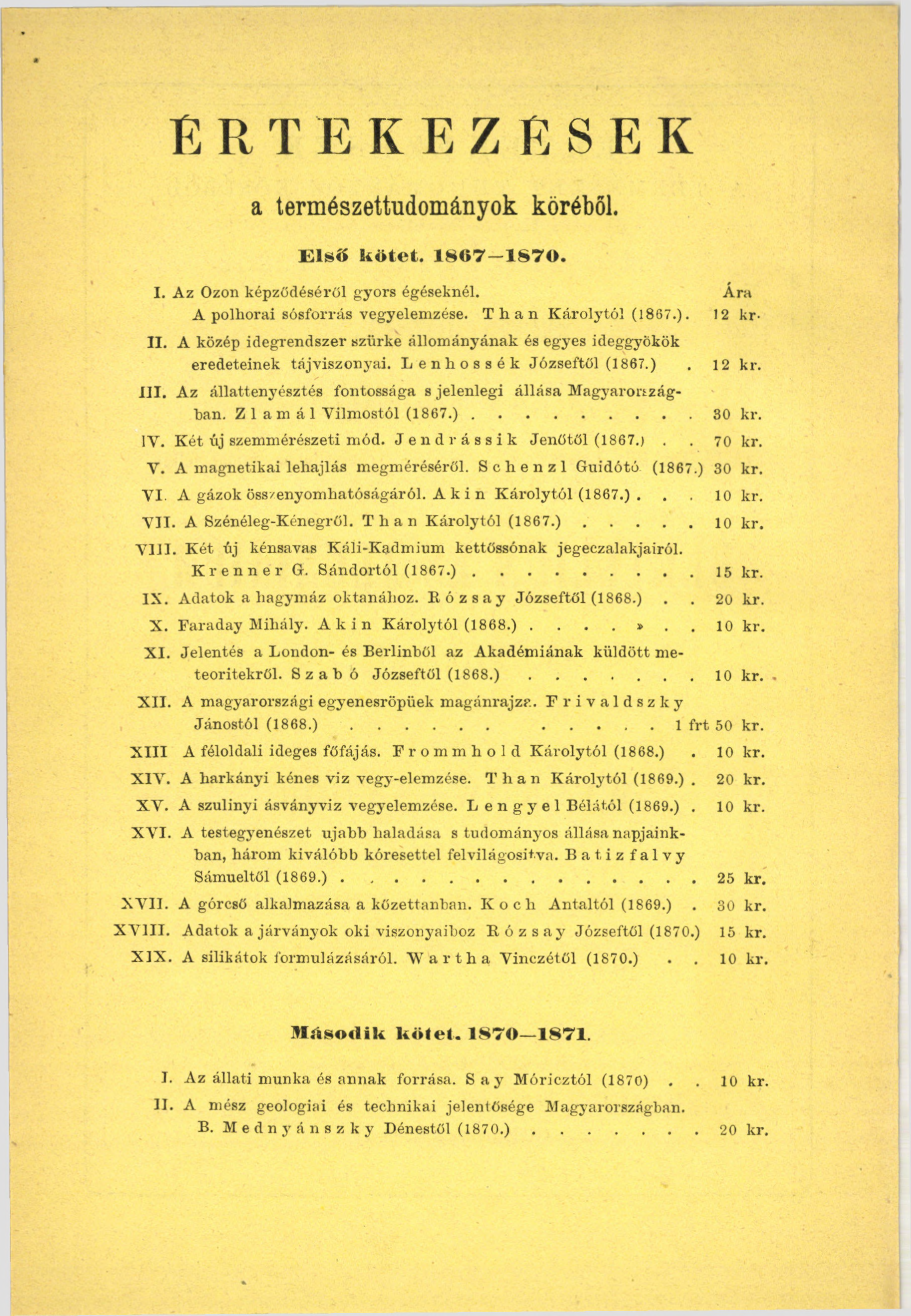 I. Az Ózon képződéséről gyors égéseknél. Ára A polhorai sósforrás vegyelemzése. Than Károlytól (1867.). 12 kr- II.
