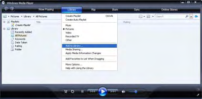 Windows Media Player v11 Windows XP rendszeren Hálózati megosztás beállítása 1 A Windows Media Player alkalmazásban válassza a menüből a Library (Könyvtár), majd a Media sharing (Médiafájlok