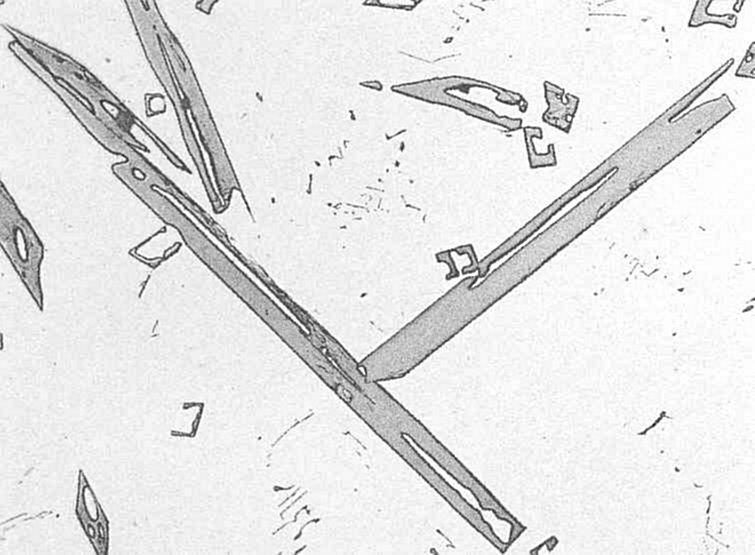 Al-Mn (~3,5 % Mn) öntött Primér Al 6 Mn kristályok szürke szilárd oldat udvarral+ kevés eutektikum N:100X