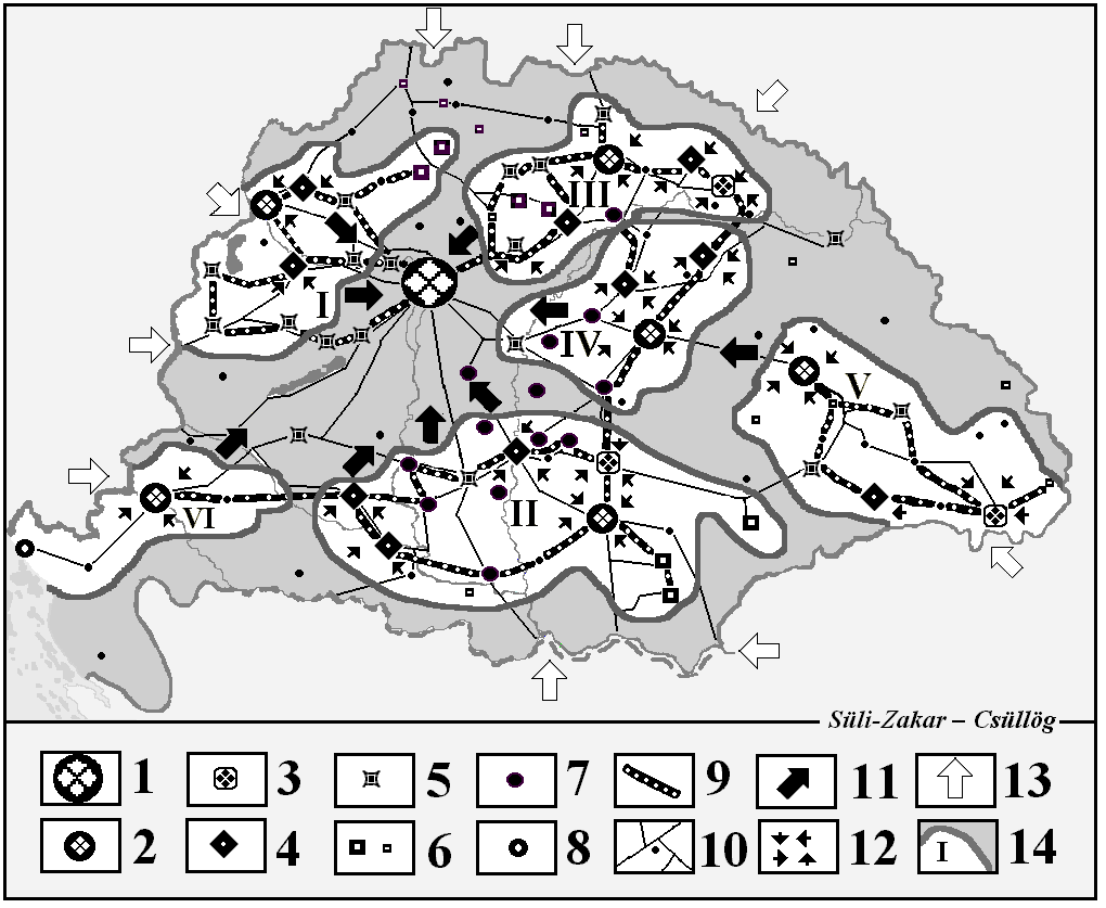 Magyarország térszerkezete a XIX - XX. század fordulóján 1. Országos központ 2. Régió központ 3. Részleges régió központ 4. Regionális gyűjtő központ 5. Regionális alközpont 6.