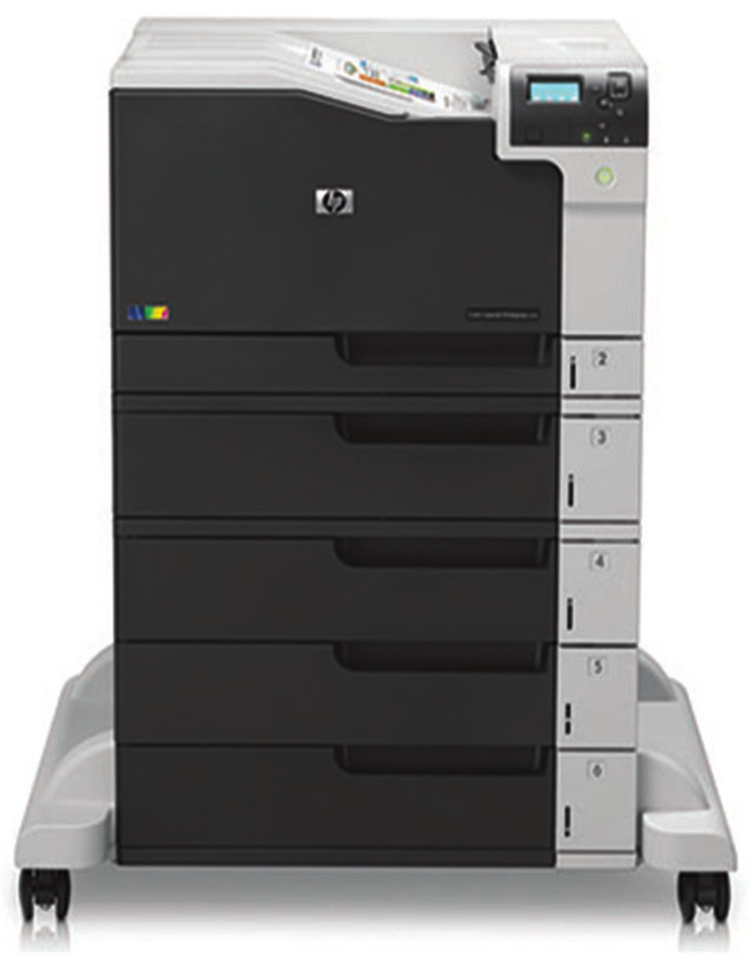 Terméknézetek HP Color LaserJet Enterprise M750xh a képen: 1. 300 lapos felső gyűjtőtálca 2. Intuitív kezelőpanel négysoros színes kijelzővel 3.