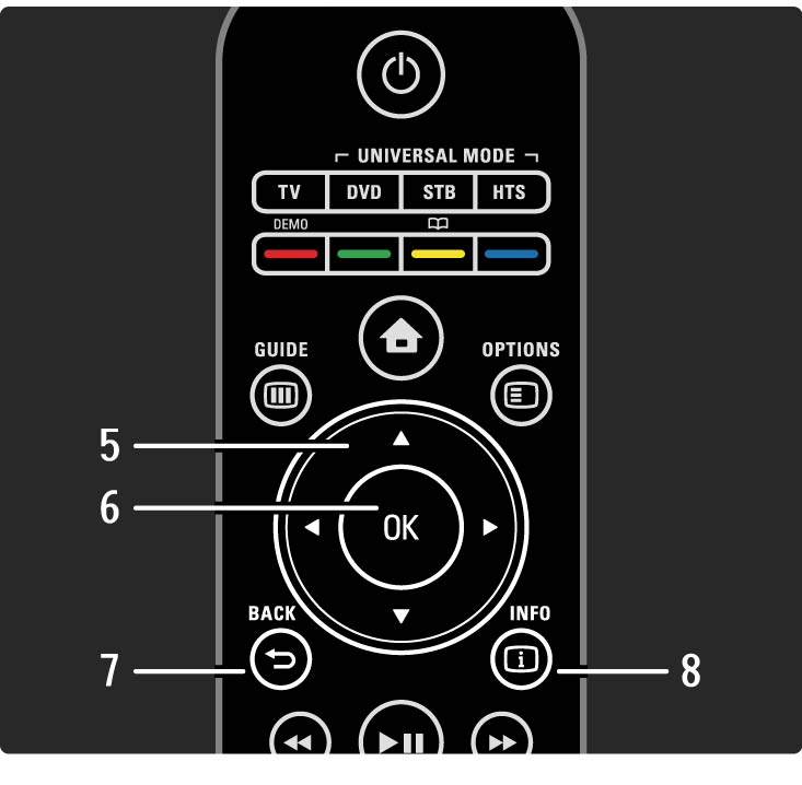 2.1.1 Távvezérlő áttekintése 2/6 5 Navigációs gomb Navigálás fel, le, balra, illetve jobbra. 6 OK gomb A csatornaáttekintés megnyitása vagy bezárása. A kiválasztás aktiválása.