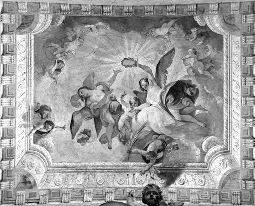 319 tanulmányok 2. kép. Ifj. Josef Winterhalder: Angyalglória Szent Quirinus mennyei jutalmával, 1799. A szombathelyi székesegyház déli kereszthajójának elpusztult mennyezetképe.