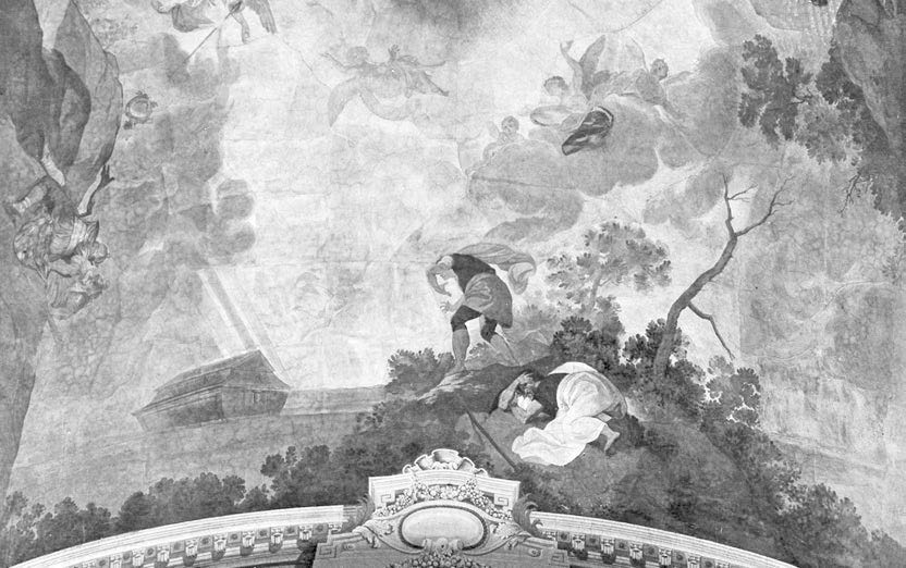 333 tanulmányok 16. kép. Anton Spreng: Mária születése, 1807. Szombathely, székesegyház, a hosszház elpusztult mennyezetképe. Archív fénykép, KÖH Fotótár 007.