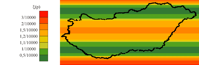 5.1. Kettős vetítés 45 torzulási viszonyokat IUGG 67 alapfelület esetén (h 3 ) ϕ 1 = 48, 1258142184 o ϕ 2 = 46, 1147195559 o értékek adják. Ebben az esetben ξh 3 = 0, 0001540054.