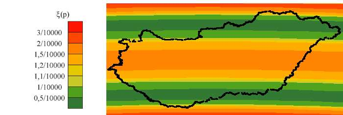 6.2. Az EOV vizsgálata 59 Ha a kezdőpontot nem módosítjuk Természetes kérdésként merül fel, hogy mi ξ legkedvezőbb értéke abban az esetben, ha a vetületi kezdőpontot nem módosítjuk.