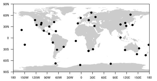 27. ábra. A WWLLN villámmegfigyelő hálózat állomásainak helyzete a térképen (2009- ben) [Friedrich et al., 2012].
