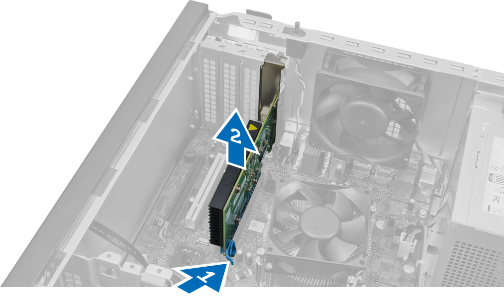 4. Finoman húzza el a kioldóreteszt a PCI x16 kártyától, amíg a rögzítőfület ki nem tudja oldani a kártyán lévő mélyedésből.