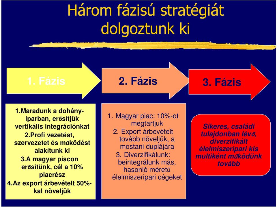 Az export árbevételt 50%- kal növeljük 1. Magyar piac: 10%-ot megtartjuk 2. Export árbevételt tovább növeljük, a mostani duplájára 3.