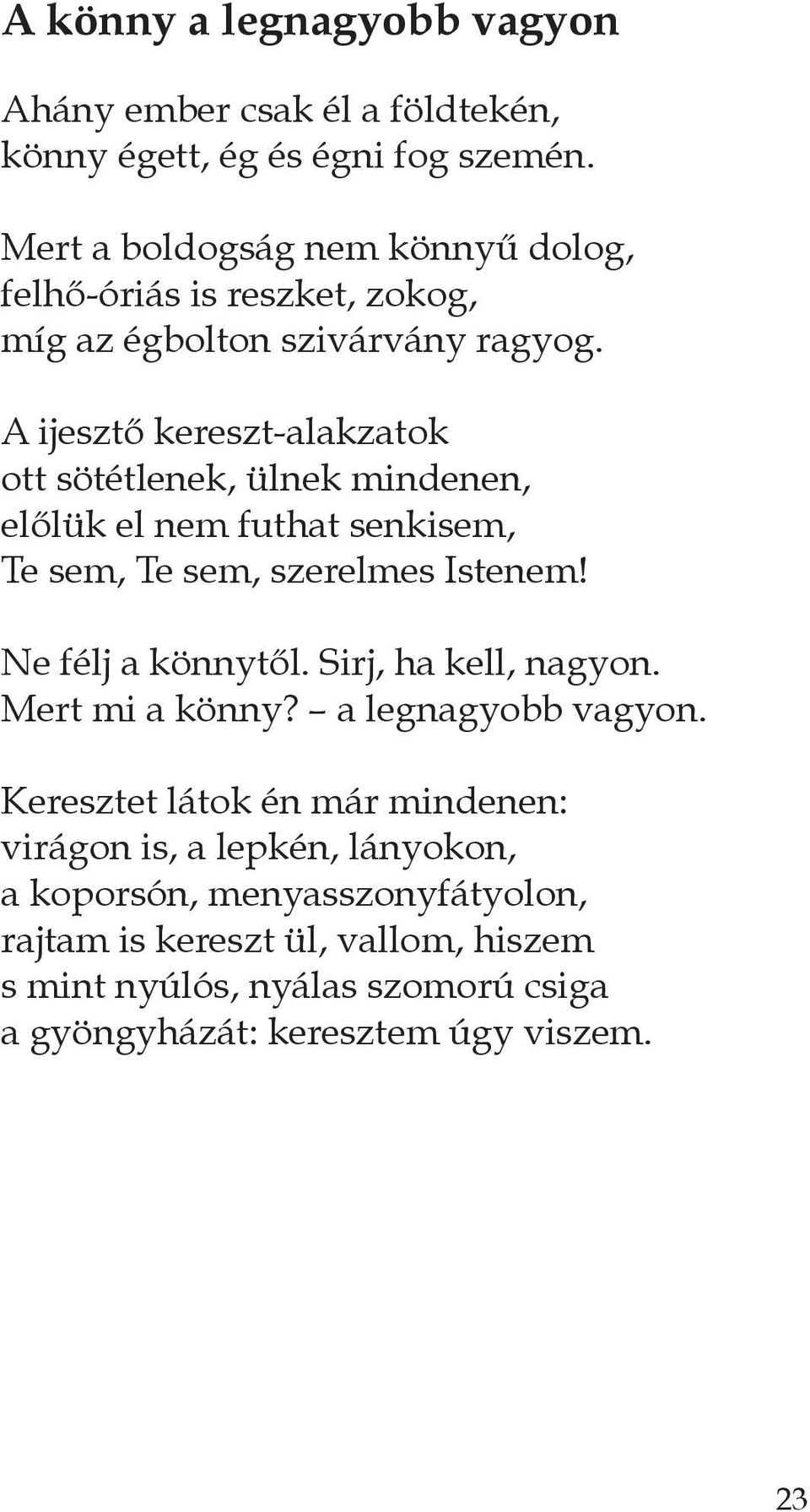 a ijesztő kereszt-alakzatok ott sötétlenek, ülnek mindenen, előlük el nem futhat senkisem, te sem, te sem, szerelmes istenem! ne félj a könnytől.