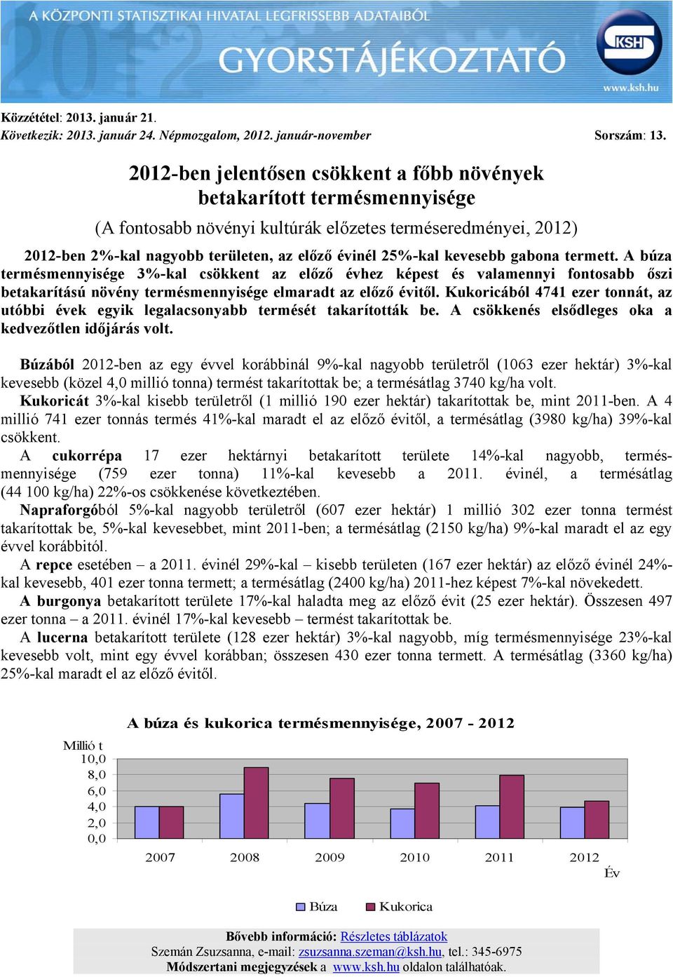 kevesebb gabona termett. A búza termésmennyisége 3%-kal csökkent az előző évhez képest és valamennyi fontosabb őszi betakarítású növény termésmennyisége elmaradt az előző évitől.