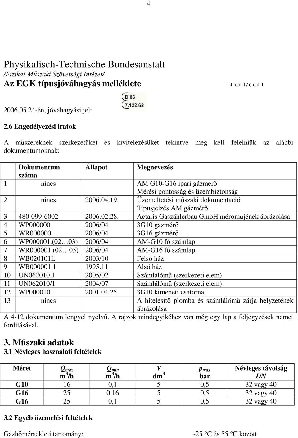 Mérési pontosság és üzembiztonság 2 nincs 2006.04.19. Üzemeltetési mőszaki dokumentáció Típusjelzés AM gázmérı 3 480-099-6002 2006.02.28.