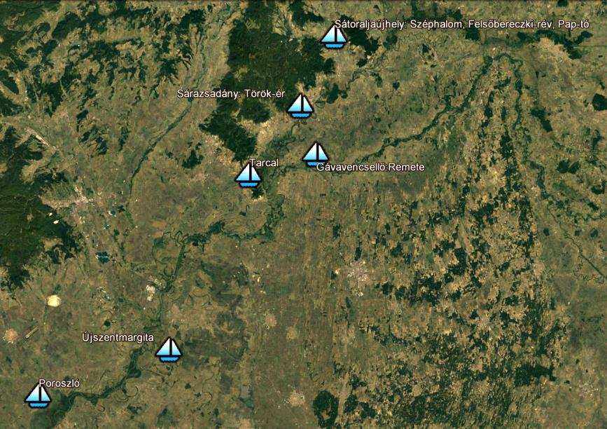 A TÜNDE-KÉK KABÓCA A TISZA-TÓNÁL 7. ábra. Az Erotettix cyane 2016-ig megismert előfordulásai Magyarországon (Google Earth térkép) Figure 7.