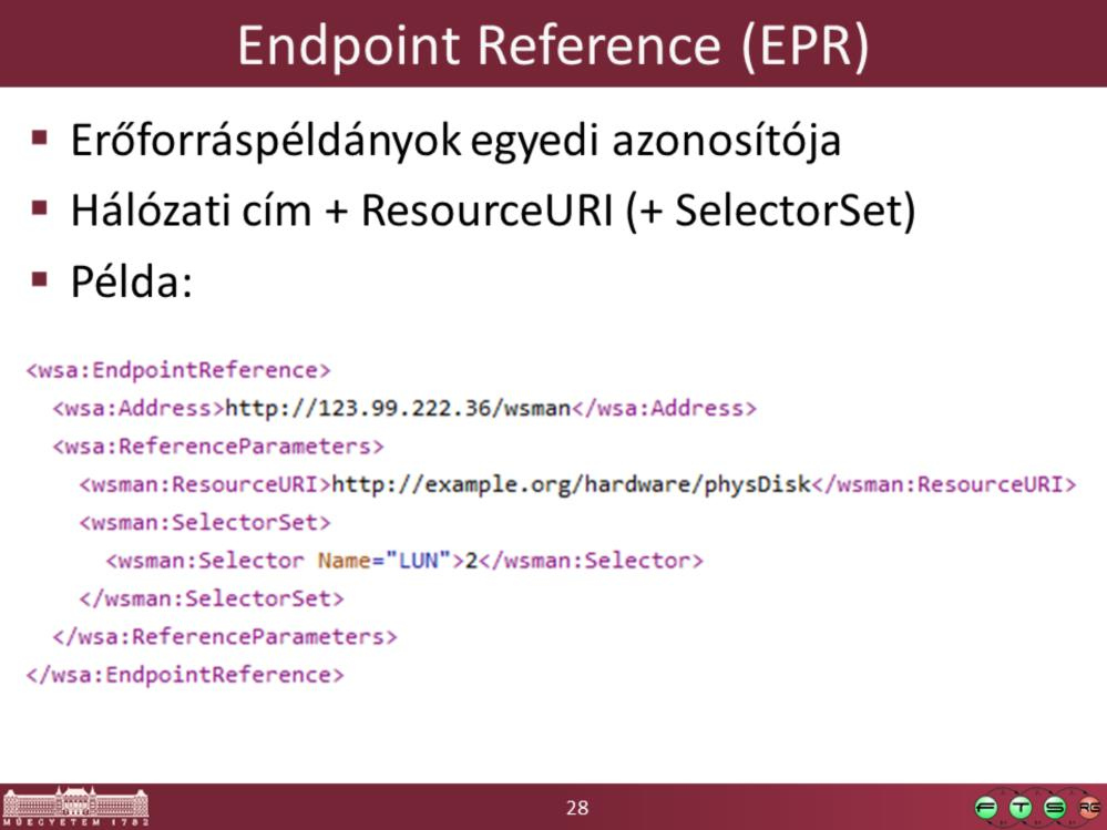 Példa EPR: <wsa:endpointreference> <wsa:address>http://123.99.222.36/wsman</wsa:address> <wsa:referenceparameters> <wsman:resourceuri>http://example.