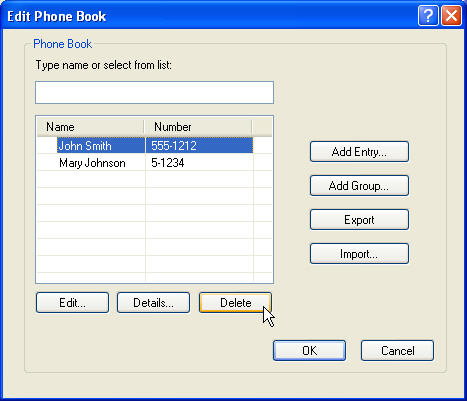 3. Az Edit Phone Book (Telefonkönyv szerkesztése) párbeszédpanelen válassza ki a törölni kívánt nevet, és kattintson a Delete (Törlés) gombra.