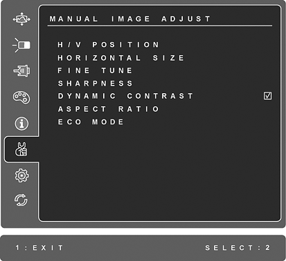 Vezérlés Magyarázat Manual Image Adjust (Kézi képbeállítás) megjeleníti a Kézi Képbeállítás menüt. H./V. Position (Vízszintes/Függ leges pozíció): balra vagy jobbra és fel-le mozgatja a képerny képét.
