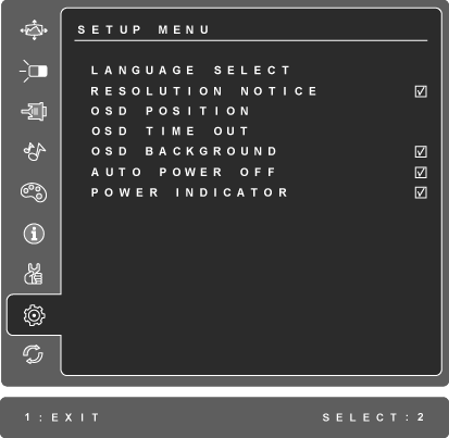 Vezérlés Magyarázat Setup Menu (Beállítások menü) az alábbi menüt jeleníti meg: Language Select (Nyelv): lehet vé teszi a menükben és vezérl kijelz kben használt nyelv kiválasztását.