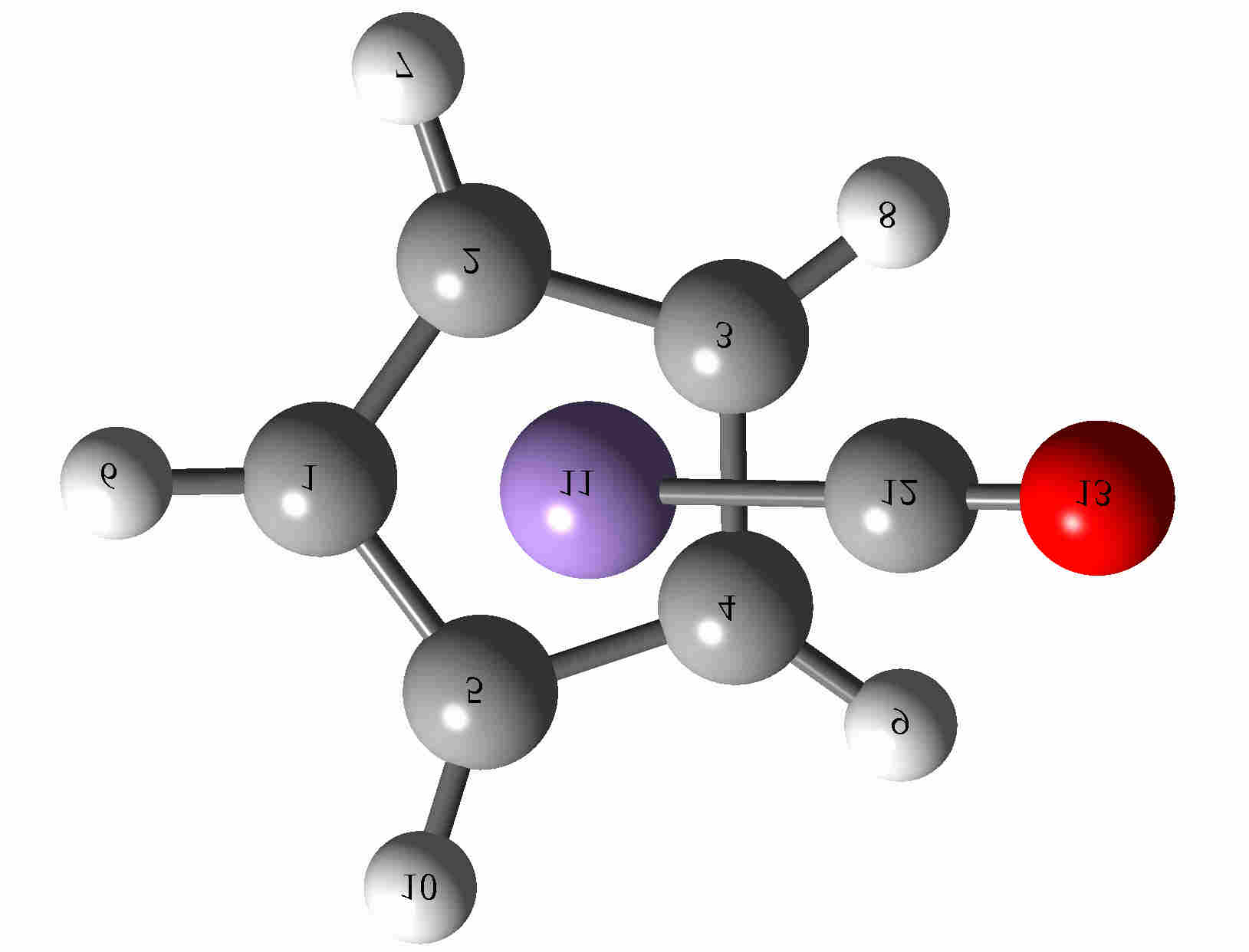 CpMn(CO)3 CpMn(CO)3+ C1 Mn11 = 217.5 pm; C3 Mn11 = 217.6 pm; C5 Mn11 = 217.8 pm; C12 Mn11=180.7 pm; C13 Mn11 = 180.6 pm; C14 Mn11=180.6 pm; C1Mn11C12 = 89.6 ; C3Mn11C14 = 90.5 ; C5Mn11C13 = 95.