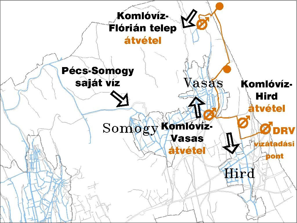 2 Az átadás-átvételi pontok közötti vízszállító vezeték kizárólag Pécs, Somogy- Vasas-Hird városrészek vízellátását biztosítja.