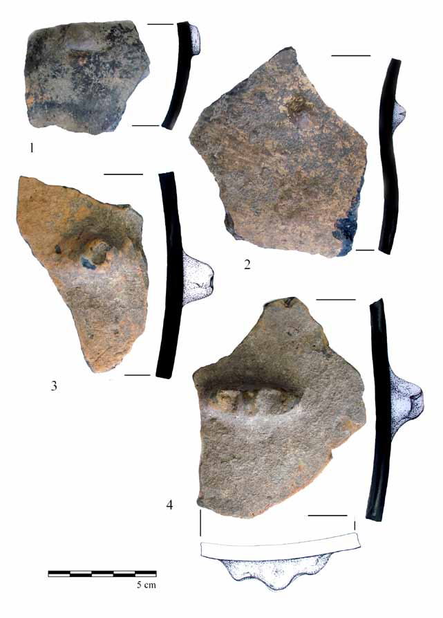 104 L. Hajdú Melinda 9. kép. 1 4. Fazék alakú edények töredékei a neolit gödör anyagából. (Fotó: L. Hajdú Melinda, rajz: Nagy S.