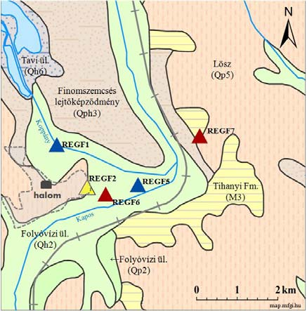 166 4. ábra: A halom környezetének geológiai felépítése; jelölve a helyi üledékek mintavételi pontjai; szaggatott vonal: Regöly település határa (alaptérkép: map.mfgi.hu) Fig. 4.: Geological structure of the mound environment; marked the sampling points of the local sediments; dashed line: boundary of the town (source map: map.