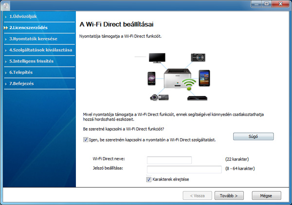 Vezeték nélküli hálózat beállítása 9 Amennyiben nyomtatója támogatja a Wi-Fi Direct funkciót, és ez ki van kapcsolva, megjelenik ennek az ablaka. 11 Kövesse a képernyőn megjelenő utasításokat.