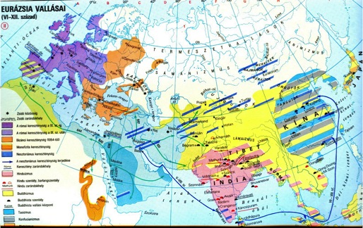 1. kép: Eurázsia vallásai, i.e. 6.-i.u.6. század.