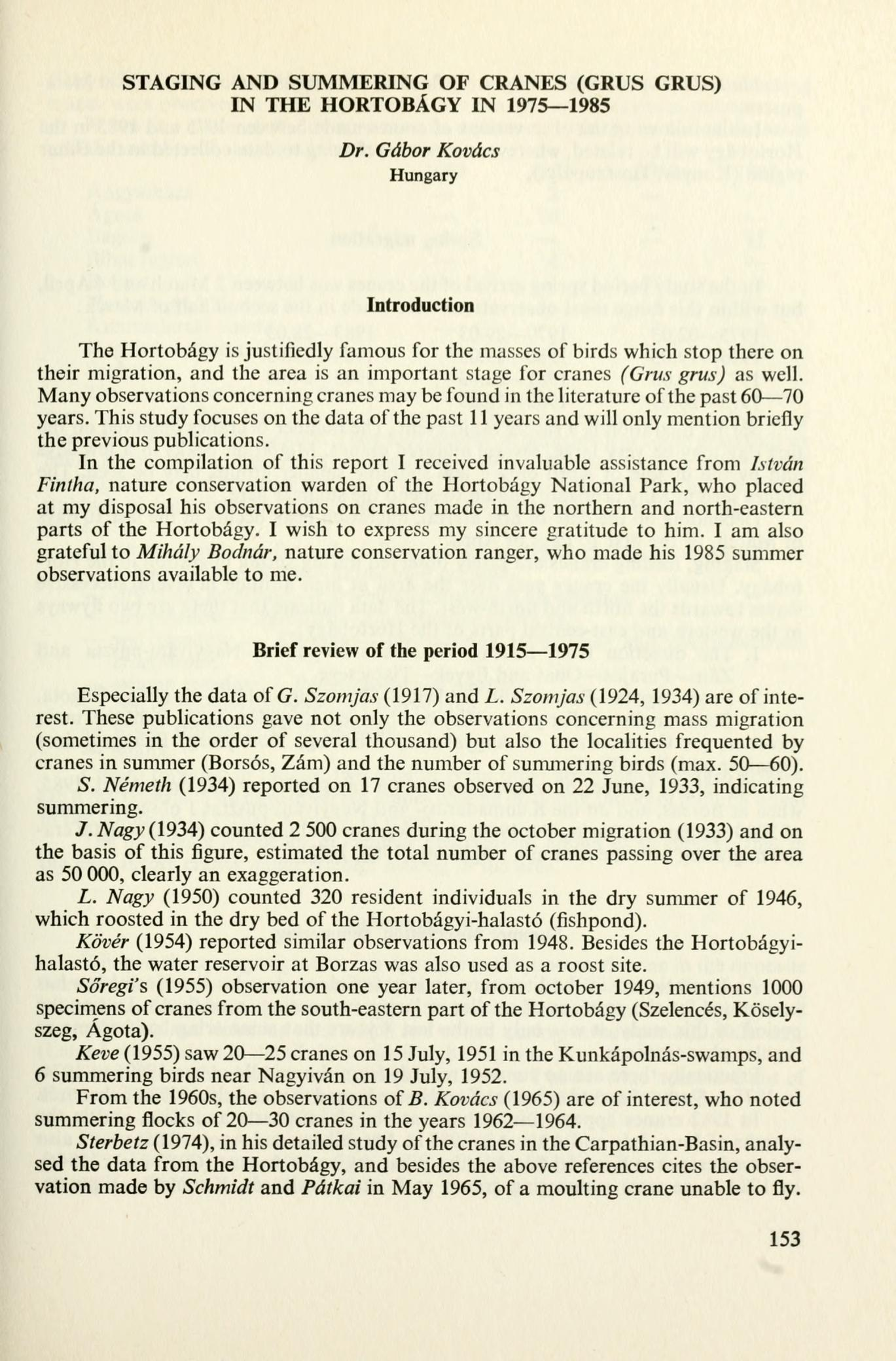 STAGING AND SUMMERING OF CRANES (GRUS GRUS) IN THE HORTOBÁGY IN 1975 1985 Dr.