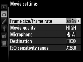 1 Válassza a Movie settings (Videó beállításai) lehetőséget. A menük megjelenítéséhez nyomja meg a G gombot.