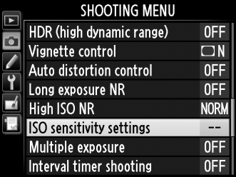 A Az ISO érzékenység menü Az ISO érzékenység a fényképezés menü ISO sensitivity settings (ISO érzékenység beállításai) menüpontjának segítségével is módosítható (0 293). A Hi 0,3 Hi 4 A Hi 0.