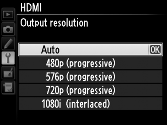 HDMI beállítások A beállítás menüben a HDMI opció (0 344) szabályozza a kimeneti felbontást és egyéb speciális HDMI beállításokat.