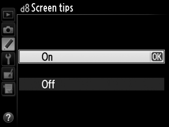 d6: Viewfinder Grid Display (Keresőrács kijelzése) G gomb A Egyéni beállítások menü Válassza az On (Be) lehetőséget, hogy fényképek komponálásakor igény szerint megjeleníthesse a rácsvonalakat a
