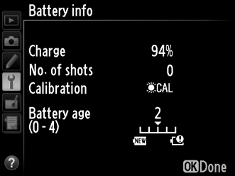 Battery Info (Akkumulátor adatai) G gomb B beállítás menü Megjeleníti a fényképezőgépben levő akkumulátor adatait. Tétel Charge (Töltésmérő) No.