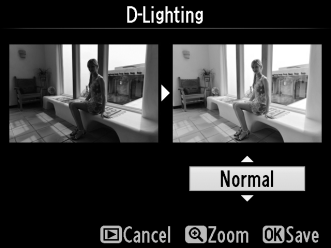 D-Lighting G gomb N retusálás menü A D-Lighting kivilágosítja az árnyékokat, ezért ideális sötét, vagy háttérvilágítással rögzített fényképek esetén.