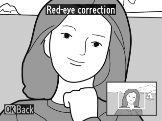 Red-Eye Correction (Vörösszemhatás-korrekció) G gomb N retusálás menü Ez a lehetőség a vaku által okozott vörösszem-hatás korrigálására szolgál, és csak vakuval készült fényképek esetén elérhető.