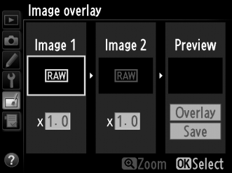 Image Overlay (Képátfedés) G gomb N retusálás menü A képátfedéssel két meglévő NEF (RAW) fényképből egyetlen kép hozható létre, amelyet az eredetitől külön lehet elmenteni; a fényképezőgép