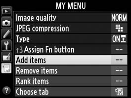 O My Menu (Saját Menü)/ m Recent Settings (Legutóbbi beállítások) A Saját menü megjelenítéséhez nyomja meg a G gombot és válassza a O (Saját menü) címkét.