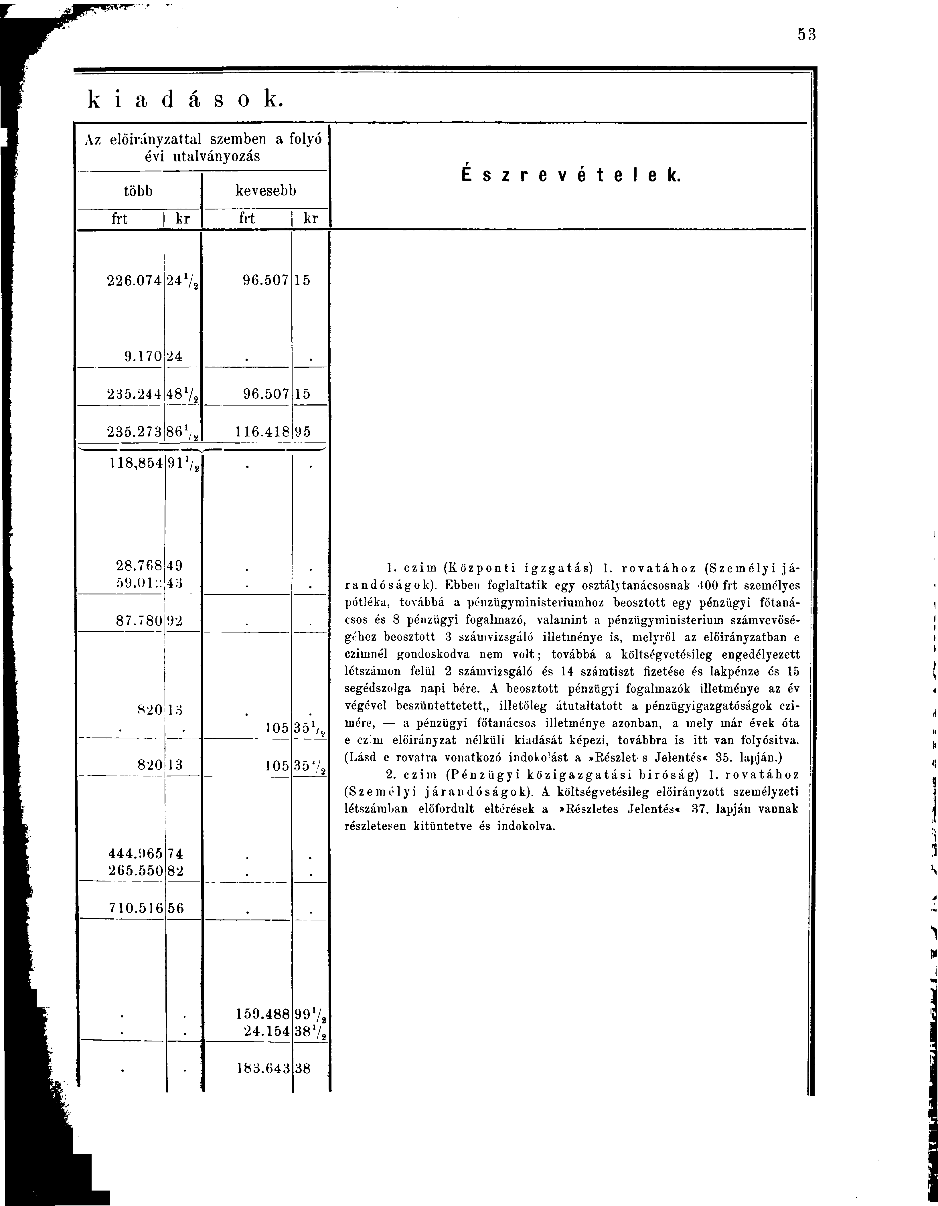 k i a d á s o k. Az előirányzattal szemben a folyó évi utalványozás több kevesebb frt kr frt kr É s z r e v é t e l e k. 226.074 24 1 /, 96.507 15 9.170 24 235.244 487, 96.507 15 235.273 86% 116.