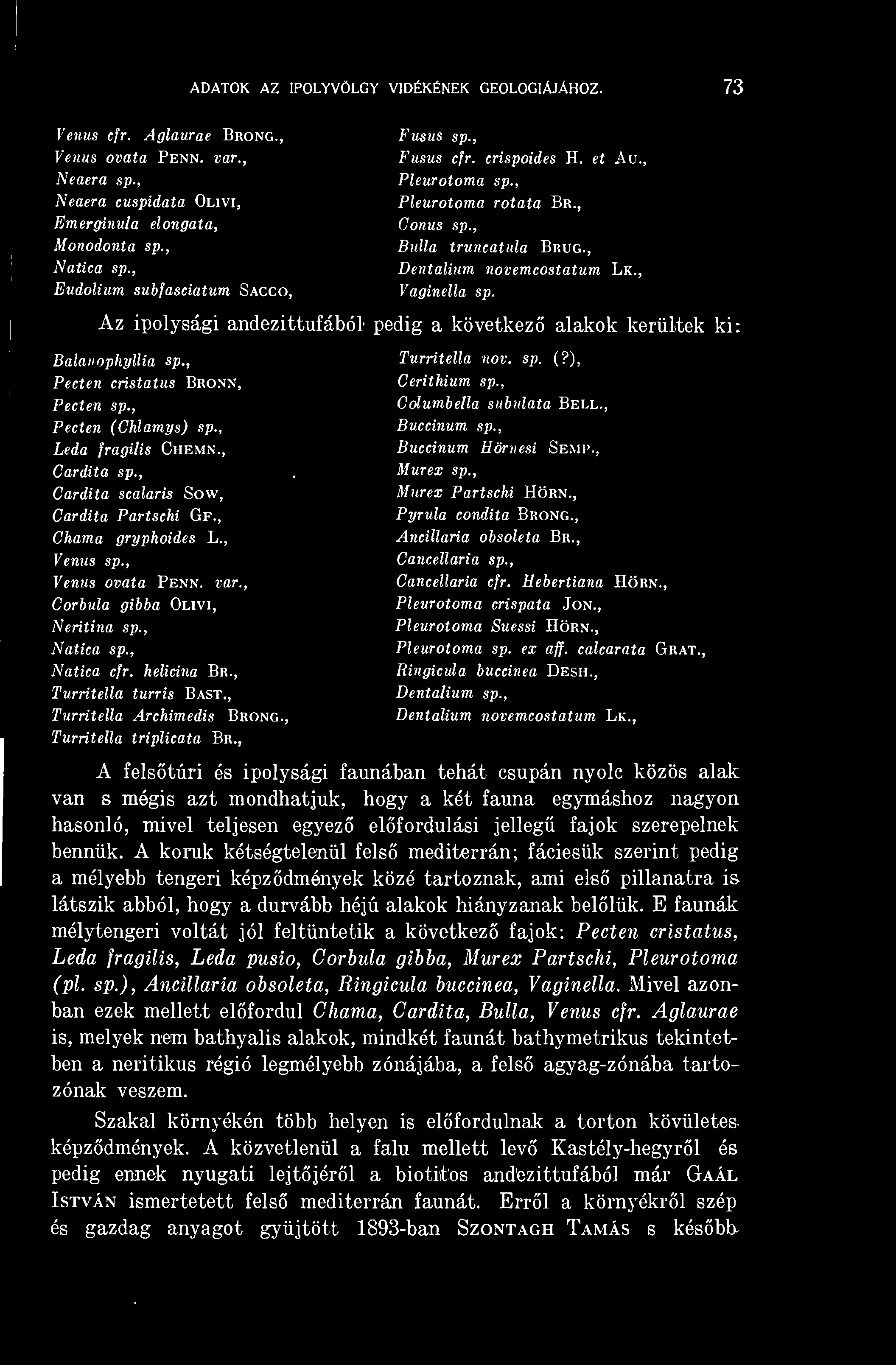 ADATOK AZ IPOLVVÖLGY VIDÉKÉNEK GEOLÓGIÁJÁHOZ. 73 Venus cfr. Aglaurae Brong., Venus ovata Penn. var.