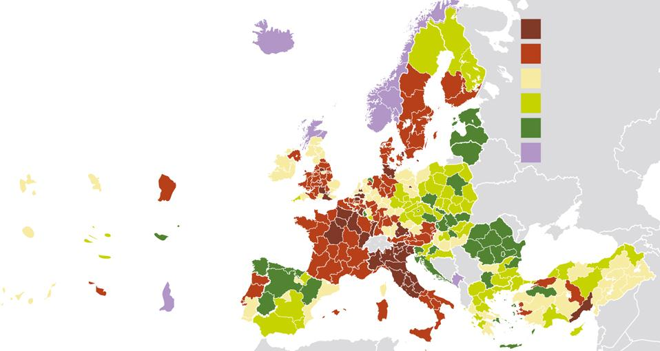 A GDP változása: fejenként és régiónként Change of GDP per inhabitant, in PPS, by NUTS 2 statistical regions, 2000-2008 Az EU-27 átlaga százalékában <= -10-10 to -3-3 to +3