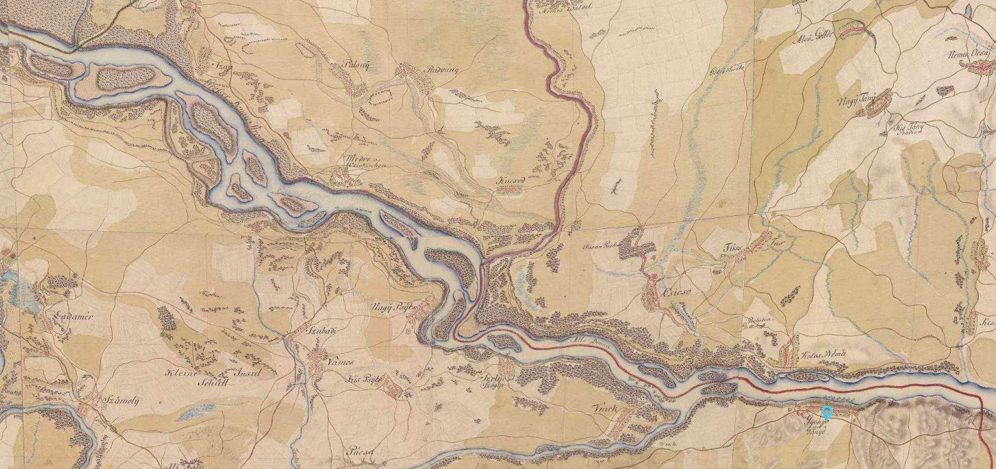 40. ábra: I. katonai felmérés - Szap-Gönyű 1700-as évek végén 39. ábra: Hosszmenti hullámtéri tározódás 2.3.1. A folyó medernek hosszú távú, horizontális irányú változásai A Duna helyszínrajzi vonalvezetése a Szigetközben meglehetősen változatos volt.