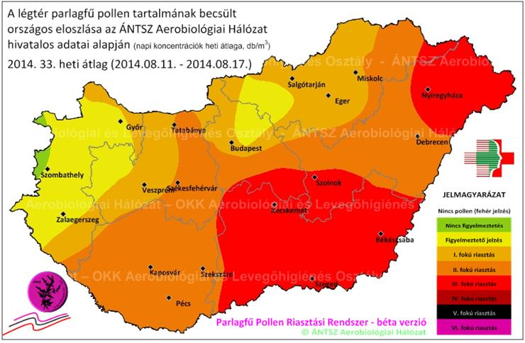 7. ábra: A 2014-es és 2015-ös parlagfű szezon összehasonlítása a szezon első három hetére vonatkozóan kiadott PPRR térképek alapján.