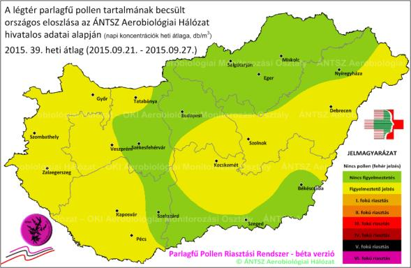 9. ábra: A 2014-es és 2015-ös parlagfű szezon összehasonlítása a szezon záró heteire vonatkozóan kiadott PPRR térképek alapján.