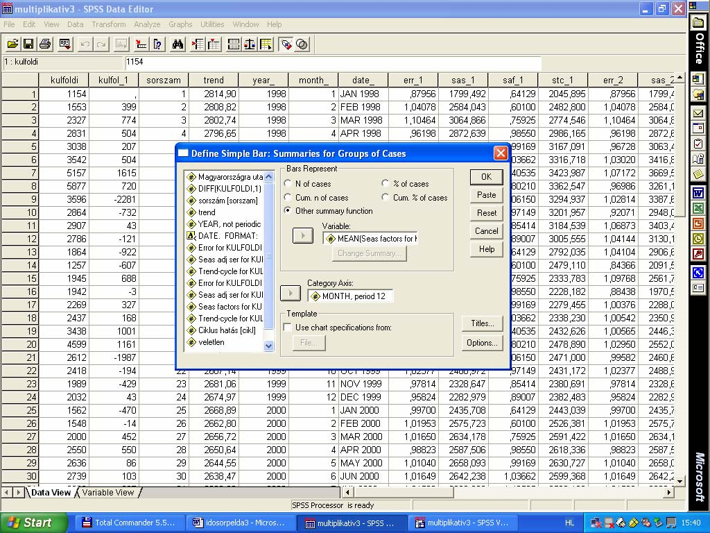 Ezután az OTHER SUMMARY FUNCTION / VARIABLE mezőjébe áttesszük a saf_1 változót, ahol megjelenik a MEAN felírat is. A CATEGORY AXIS részbe a month változót tesszük, majd megnyomjuk az OK gombot.