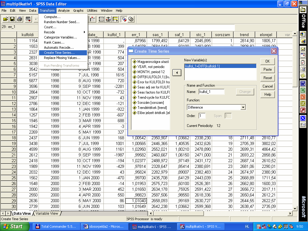 Az SPSS segítségével megvizsgálható az, hogy az egyes hónapok között milyen változás következett be. Ehhez a TRANSFORM/CREATE TIME SERIES parancsot kell használni.