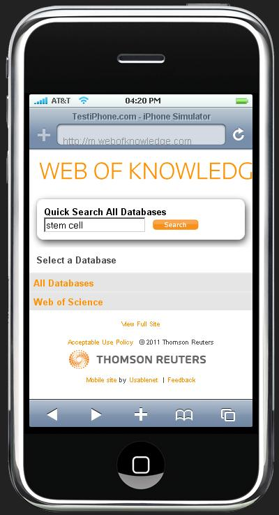 Mobiltelefon és távhozzáférés Mobiltelefon Keresés a Web of Knowledge adatbázisokban mobiltelefon segítségével m.webofknowledge.