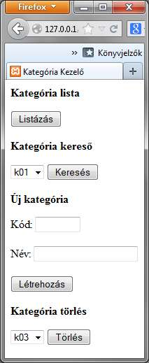 A Kategória tábla kezelő felülete