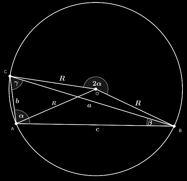 . Megoldás: Legyen R a háromszög körülírt körének sugara, az α, β, γ szögekkel szemközti oldalak hossza rendre a, b, c.
