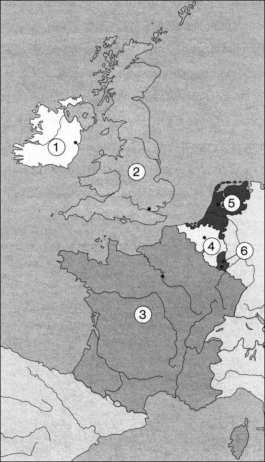 21 C2 EVROPA / EURÓPA 29. Na karti 6 so s številkami označene zahodnoevropske države. Poimenujte njihova glavna mesta (na karti 6 so označena s črnimi točkami). A 6. sz.